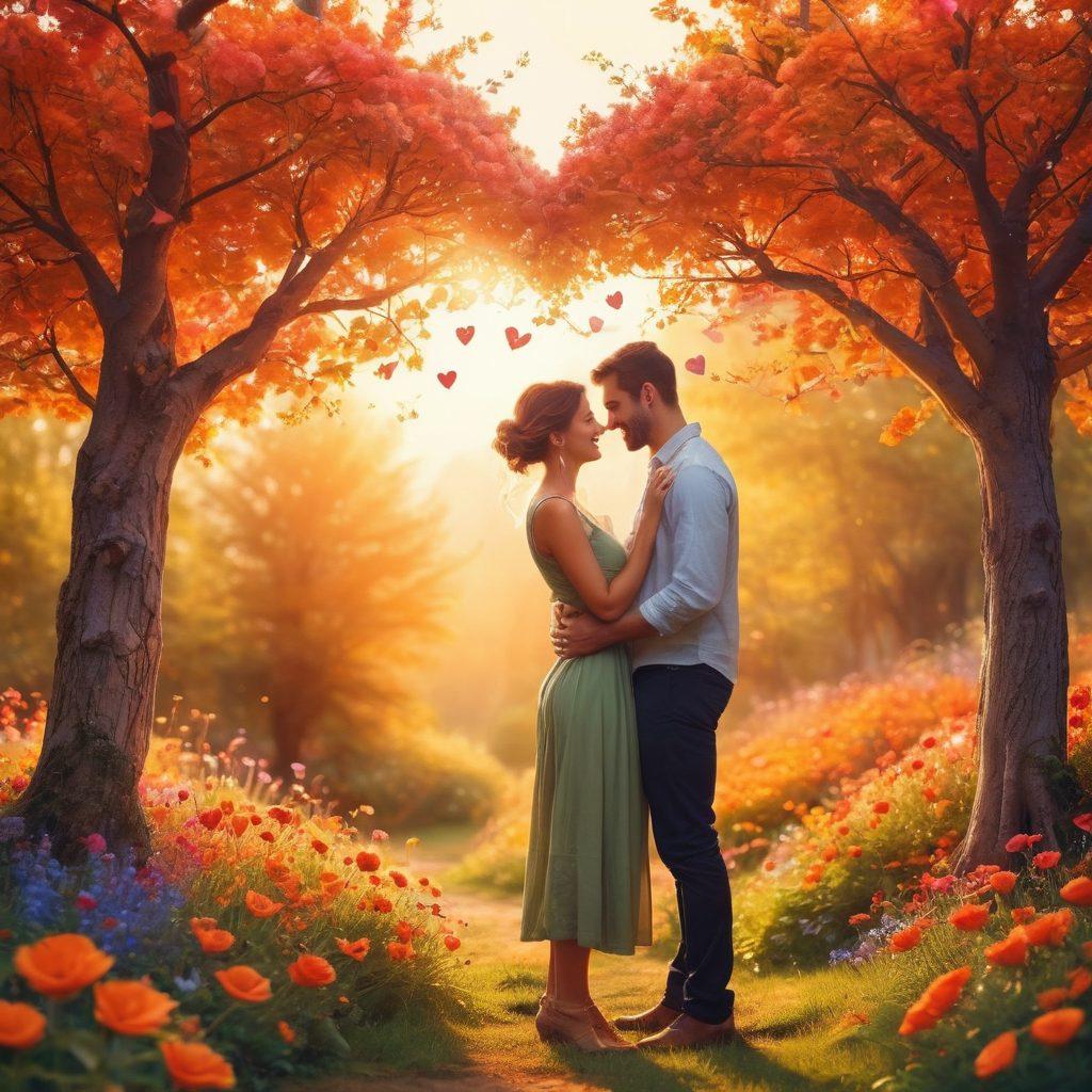 A vibrant scene depicting a couple in various stages of connection, from a playful courtship with flowers and laughter to a cozy, intimate companionship with warm colors and a soft glow. The background features symbolic elements like intertwined hearts and nature, illustrating growth and unity. The couple should be diverse, representing different backgrounds and ages, radiating joy and warmth. soft focus. vibrant colors. romantic theme.