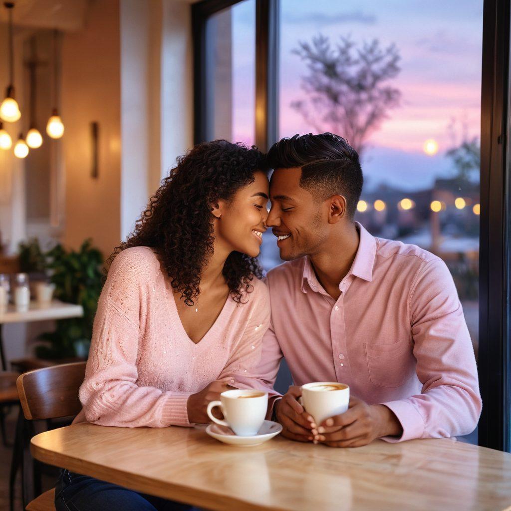 A serene couple sharing a cozy moment in a softly lit café, with gentle smiles and warm glances; a heart-shaped latte art on their table signifies love. The atmosphere is filled with soft pink hues and twinkling fairy lights, symbolizing tenderness and connection. A beautiful sunset is visible through the window, casting a romantic glow. intimate and emotional. vibrant colors. soft focus.