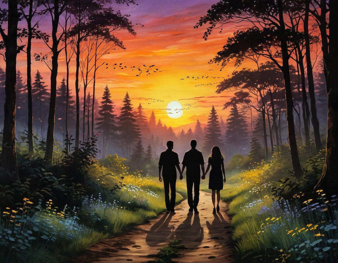 A serene landscape featuring a winding path through a lush forest, symbolizing the journey of love. Two silhouettes, a man and a woman, walking hand-in-hand, surrounded by glowing fireflies and blooming flowers, representing meaningful connections. In the background, a gentle sunset casts warm, golden hues, enhancing the feeling of romance. The scene conveys tranquility, exploration, and the beauty of relationships. vibrant colors. painting.